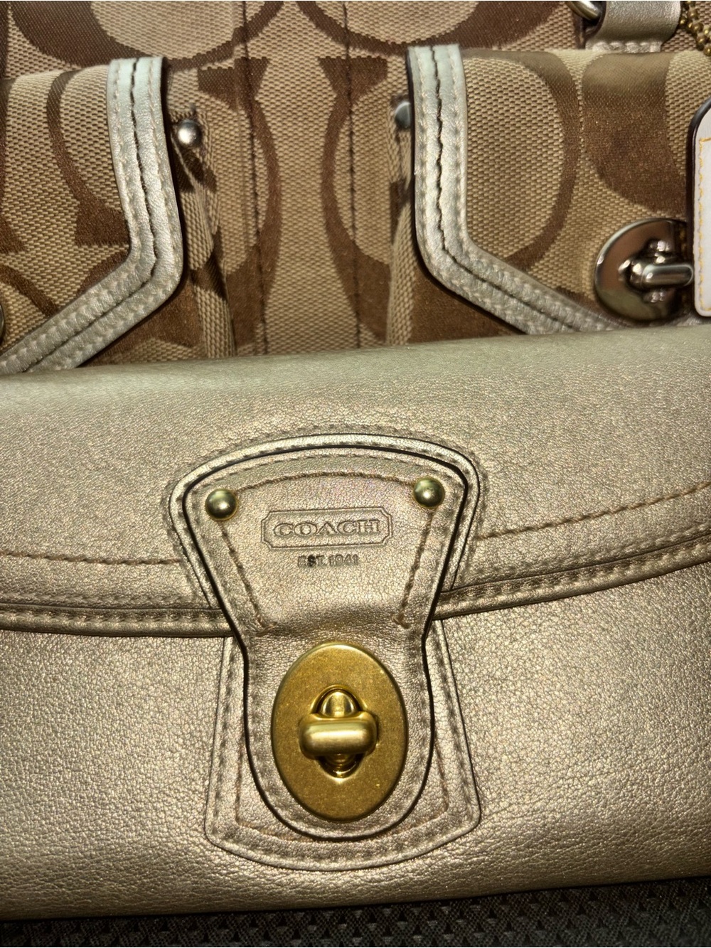 VTG Coach Beige Signature Satchel with Metallic + Gold Wallet - Picture 15 of 16